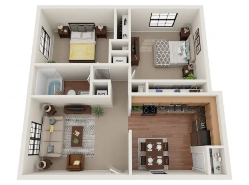 Floor plan for 2 beds, 1 bath, 800 sqft